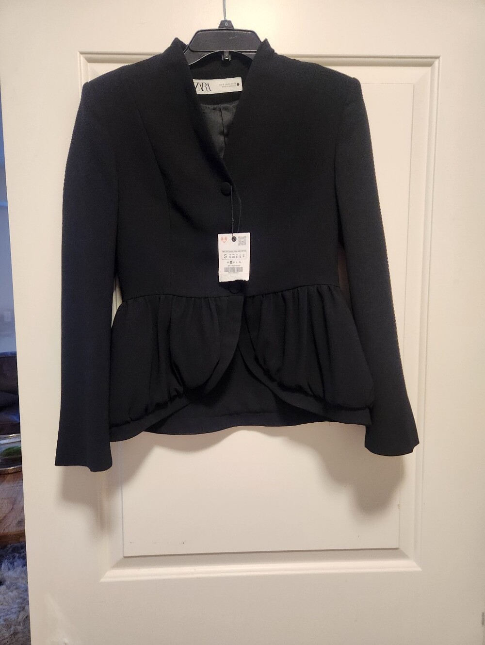 New W/ Tags Zara Black Peplum-Style Blazer with Gathered Hem